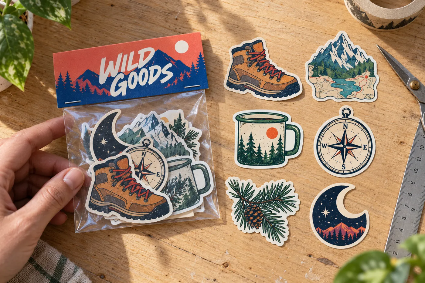 Kit di adesivi Wild Goods con i sei adesivi sagomati sul tavolo